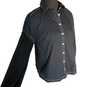 MAEVE ANTHROPOLOGIE Black Long Sleeve Button Down Top White Stitching Size 8